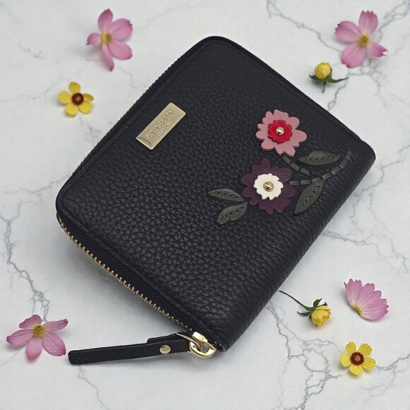Kate Spade Laurel Way Darci Floral Appliqué Zip Wallet Black Pebbled Leather - Picture 14 of 16